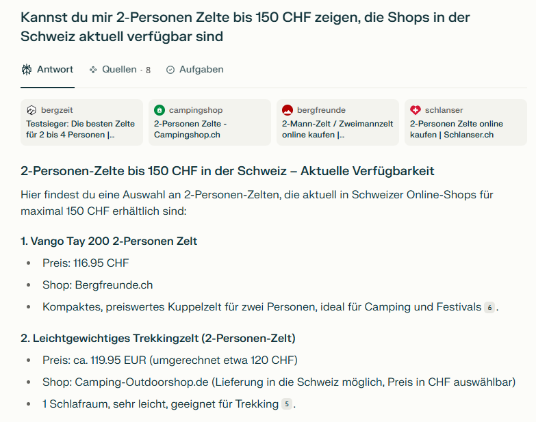 KI als Einkaufsberater wird immer populärer, auch wenn die Zahlen verglichen mit Google noch klein sind. Perplexity wird gefragt: Kannst du mir 2-Personen Zelte bis 150 CHF zeigen, die Shops in der Schweiz aktuell verfügbar sind